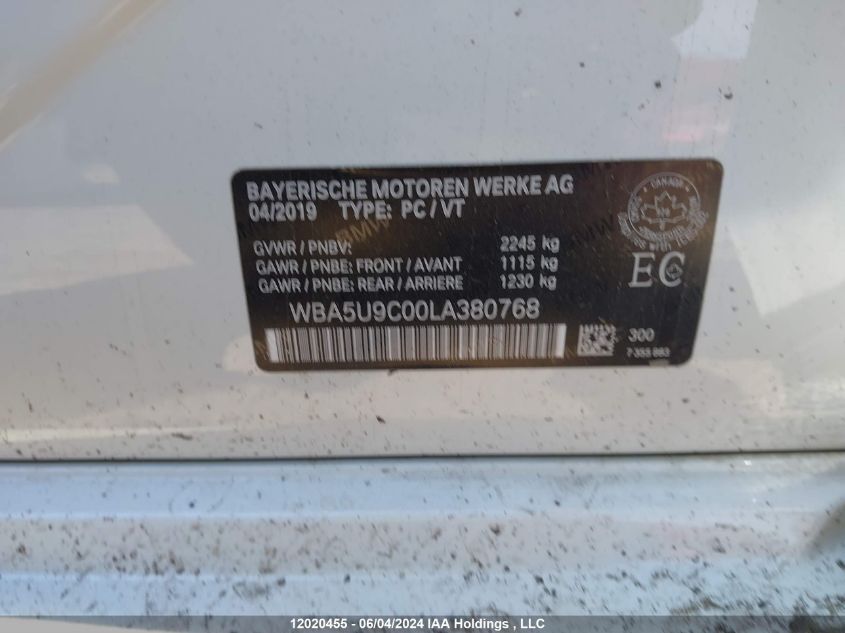 2020 BMW 3 Series VIN: WBA5U9C00LA380768 Lot: 12020455