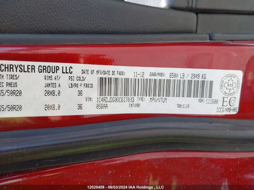 2013 Dodge Durango VIN: 1C4RDJDG0DC617833 Lot: 12020459