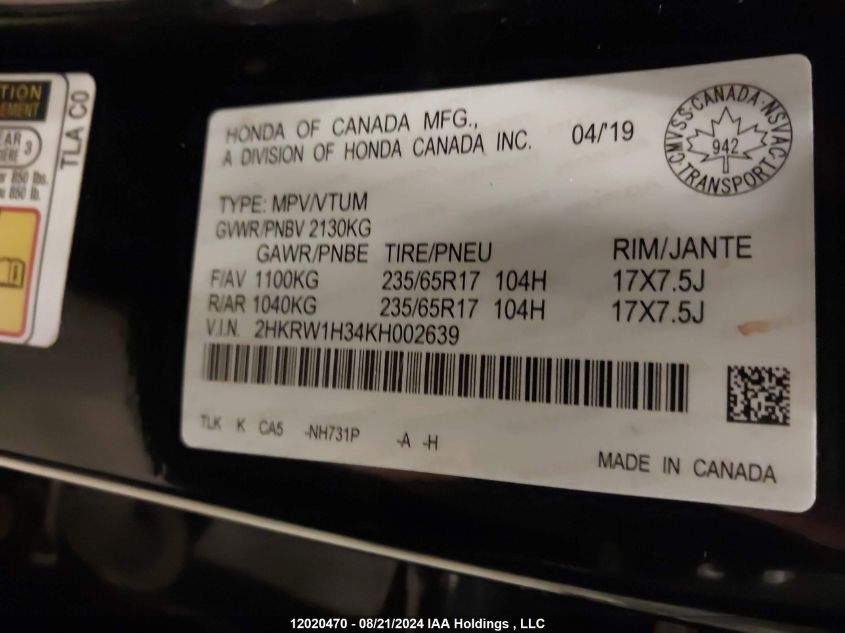 2019 Honda Cr-V VIN: 2HKRW1H34KH002639 Lot: 12020470