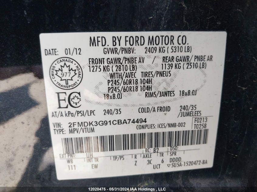 2012 Ford Edge VIN: 2FMDK3G91CBA74494 Lot: 12020475