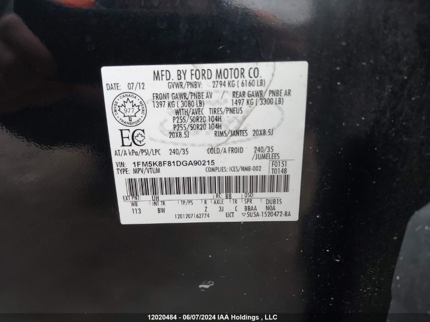 2013 Ford Explorer Limited VIN: 1FM5K8F81DGA90215 Lot: 12020484