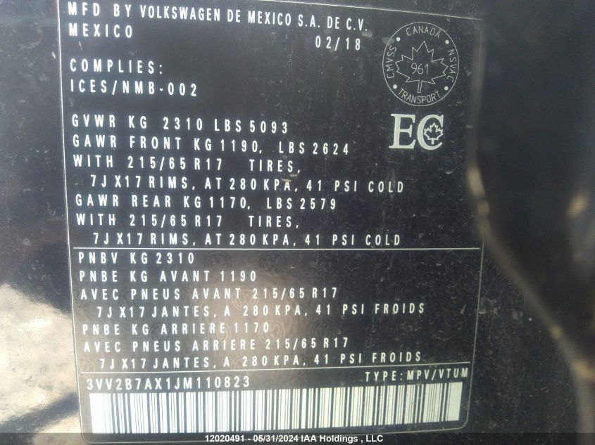 2018 Volkswagen Tiguan Se/Sel VIN: 3VV2B7AX1JM110823 Lot: 12020491