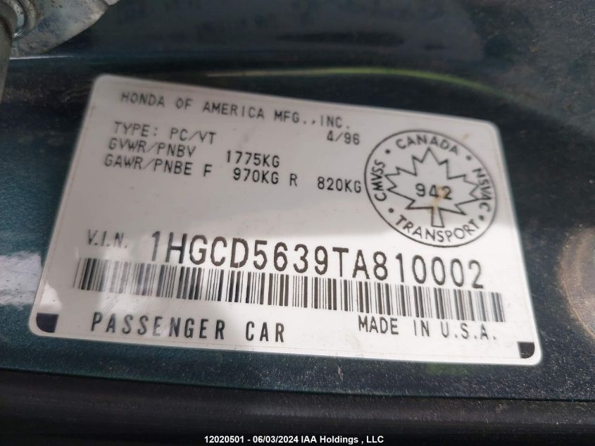 1996 Honda Accord Lx/Ex VIN: 1HGCD5639TA810002 Lot: 12020501