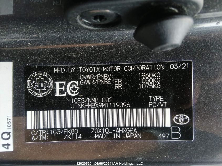 2021 Toyota C-Hr Xle/Le/Night Shade/Limited VIN: JTNKHMBX9M1119096 Lot: 12020520