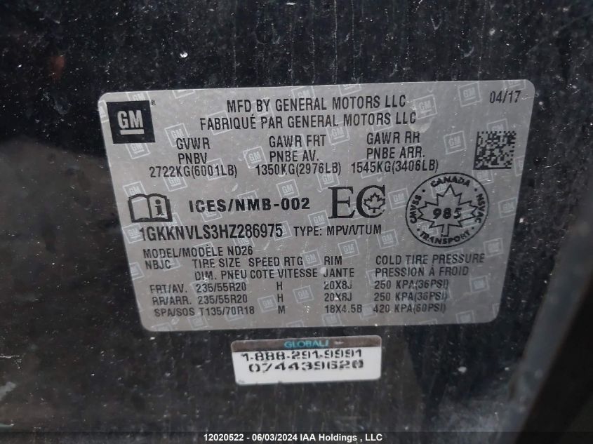 2017 GMC Acadia VIN: 1GKKNVLS3HZ286975 Lot: 12020522