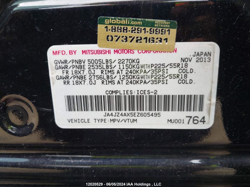 2014 Mitsubishi Outlander VIN: JA4JZ4AX5EZ605495 Lot: 12020529