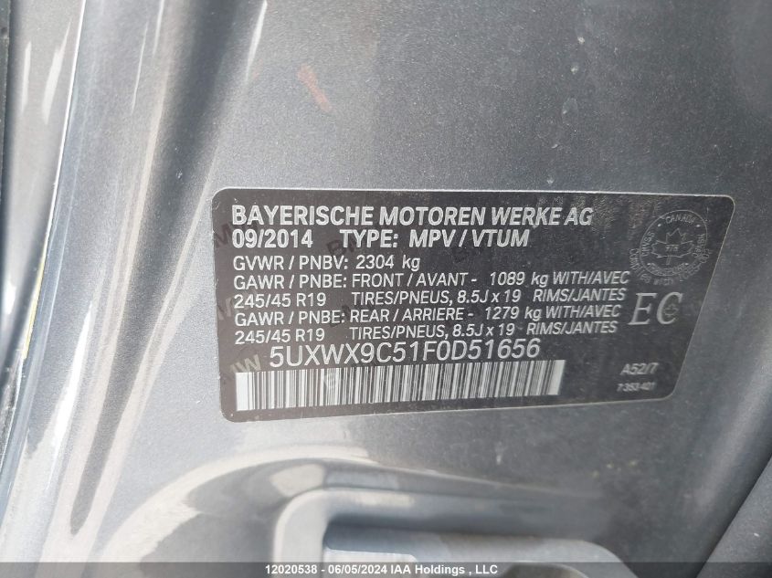 2015 BMW X3 xDrive28I VIN: 5UXWX9C51F0D51656 Lot: 12020538