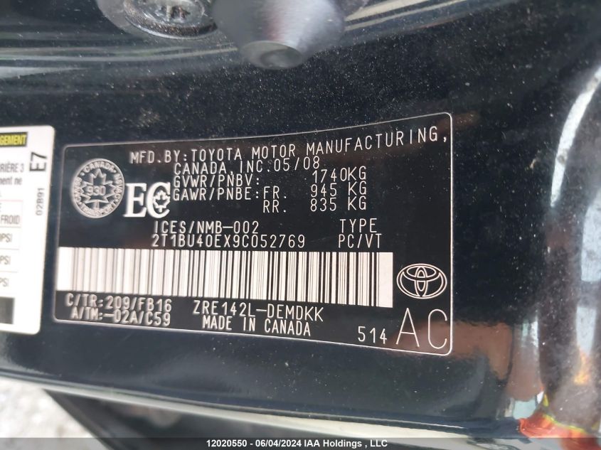 2009 Toyota Corolla Le VIN: 2T1BU40EX9C052769 Lot: 12020550