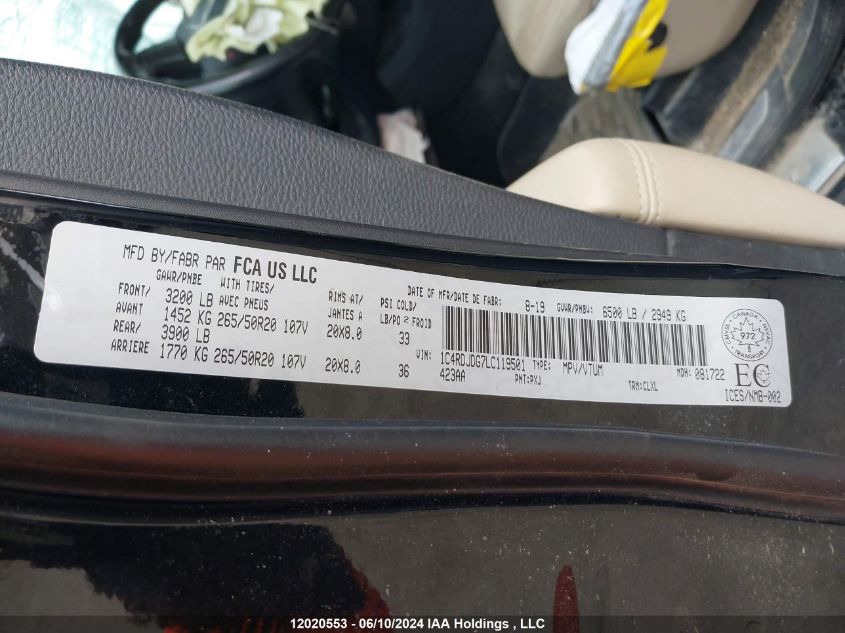 2020 Dodge Durango Gt VIN: 1C4RDJDG7LC119501 Lot: 12020553