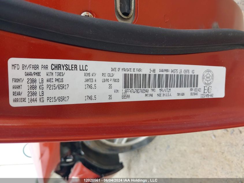 2008 Jeep Compass Sport/North VIN: 1J8FF47W78D702940 Lot: 12020561