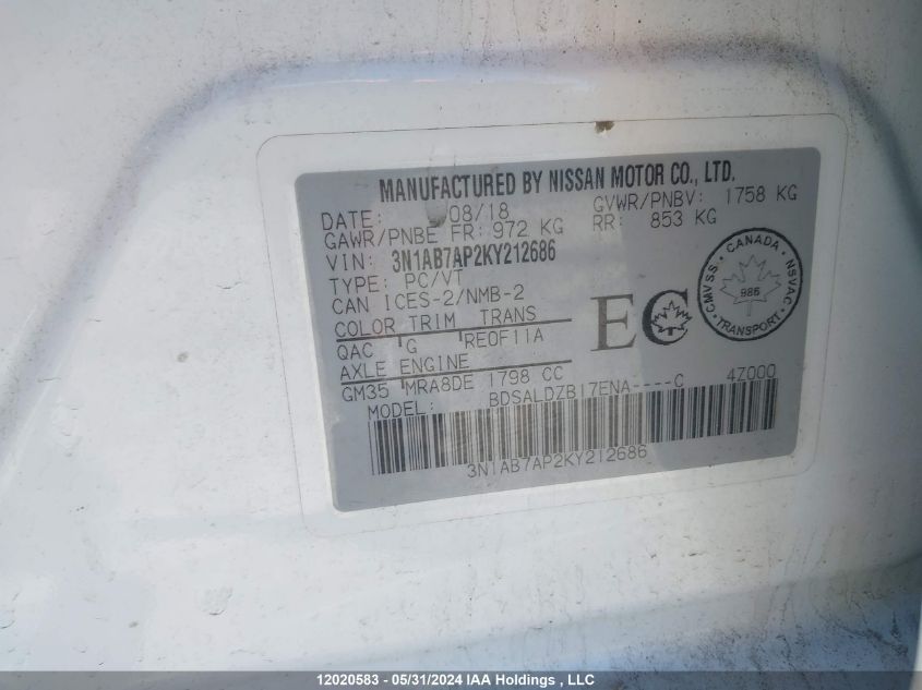 2019 Nissan Sentra S/Sv/Sr/Sl VIN: 3N1AB7AP2KY212686 Lot: 12020583