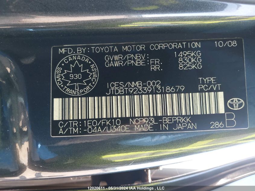 2009 Toyota Yaris VIN: JTDBT923391318679 Lot: 12020611