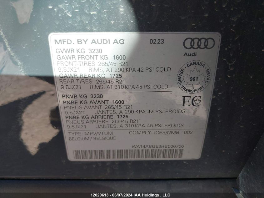 2024 Audi Q8 E-Tron VIN: WA14ABGE3RB006706 Lot: 12020613