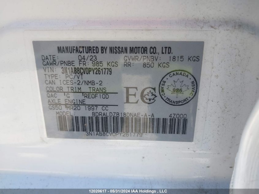 2023 Nissan Sentra VIN: 3N1AB8CV0PY261779 Lot: 12020617