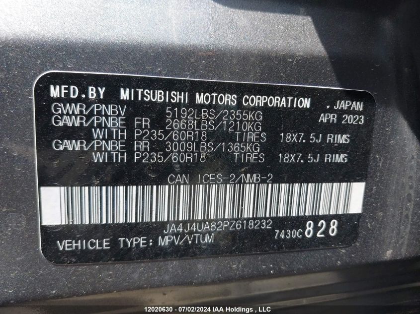 2023 Mitsubishi Outlander VIN: JA4J4UA82PZ618232 Lot: 12020630