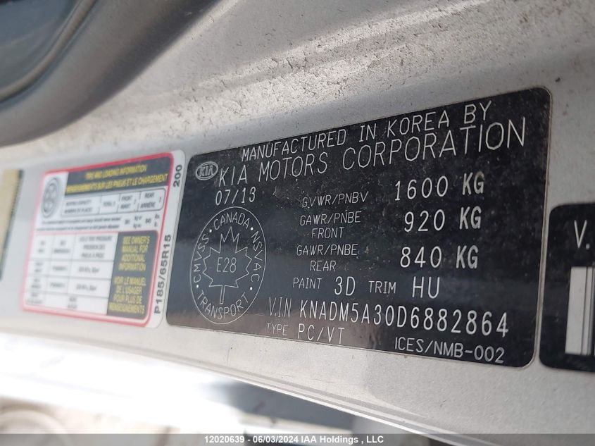 2013 Kia Rio VIN: KNADM5A30D6882864 Lot: 12020639
