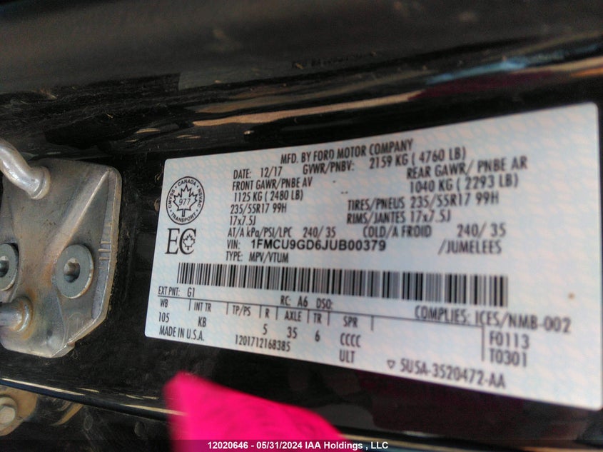 2018 Ford Escape Se VIN: 1FMCU9GD6JUB00379 Lot: 12020646