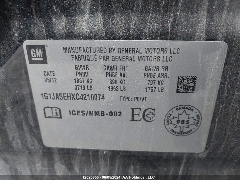 2012 Chevrolet Sonic VIN: 1G1JA5EHXC4210074 Lot: 12020655