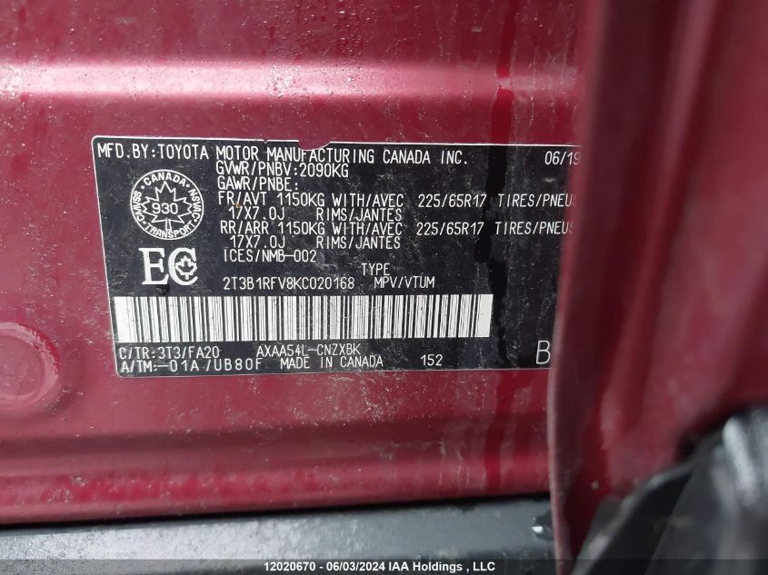 2019 Toyota Rav4 Le VIN: 2T3B1RFV8KC020168 Lot: 12020670