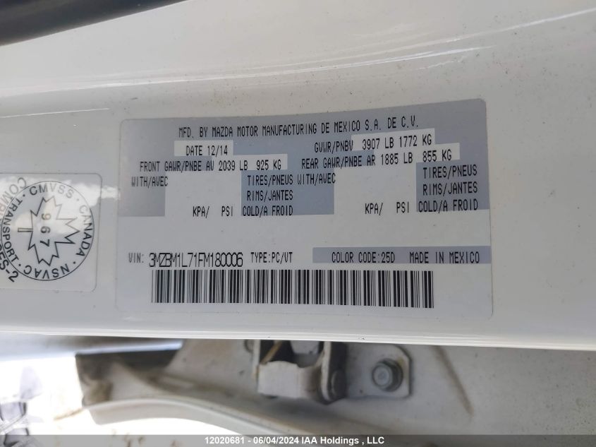 2015 Mazda Mazda3 VIN: 3MZBM1L71FM180006 Lot: 12020681