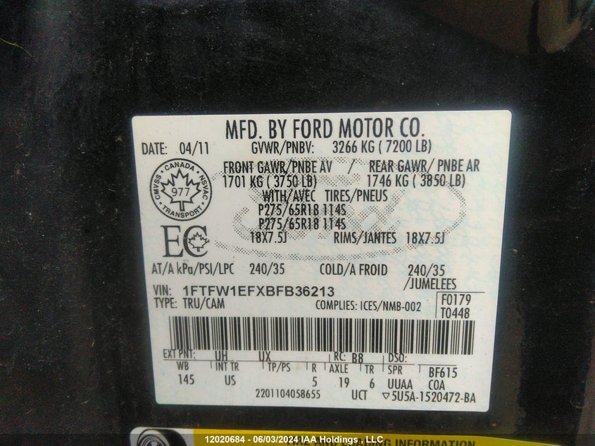 2011 Ford F150 Supercrew VIN: 1FTFW1EFXBFB36213 Lot: 12020684