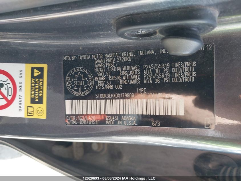 2013 Toyota Highlander Limited VIN: 5TDDK3EHXDS179808 Lot: 12020693