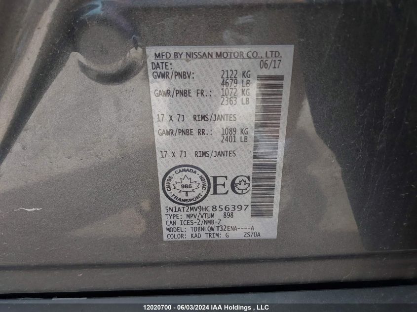 2017 Nissan Rogue VIN: 5N1AT2MV9HC856397 Lot: 12020700