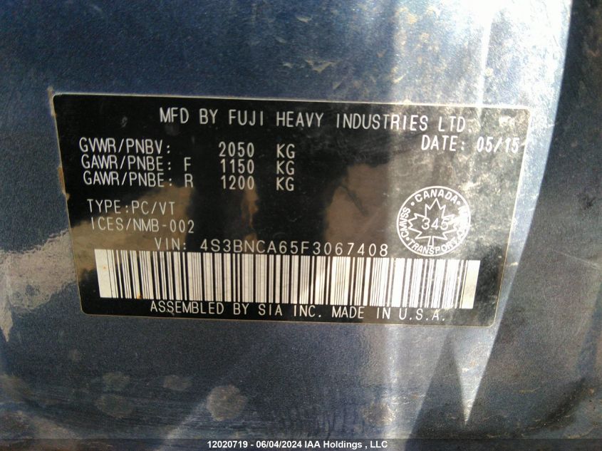 2015 Subaru Legacy VIN: 4S3BNCA65F3067408 Lot: 12020719