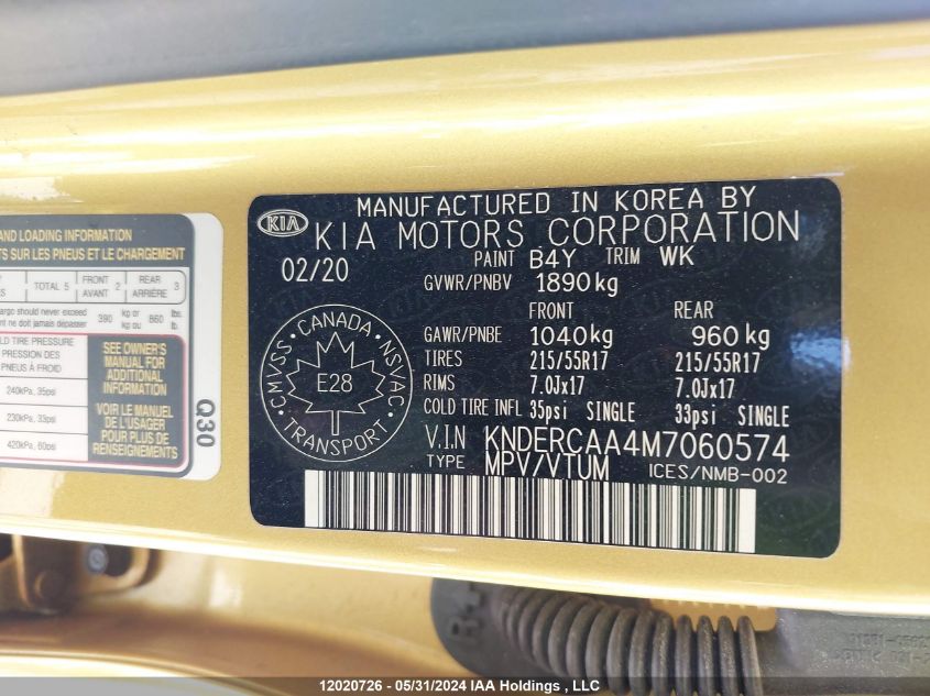 2021 Kia Seltos VIN: KNDERCAA4M7060574 Lot: 12020726