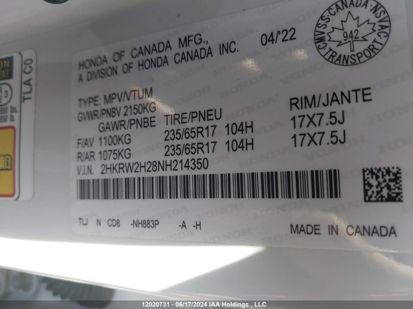 2022 Honda Cr-V VIN: 2HKRW2H28NH214350 Lot: 12020731