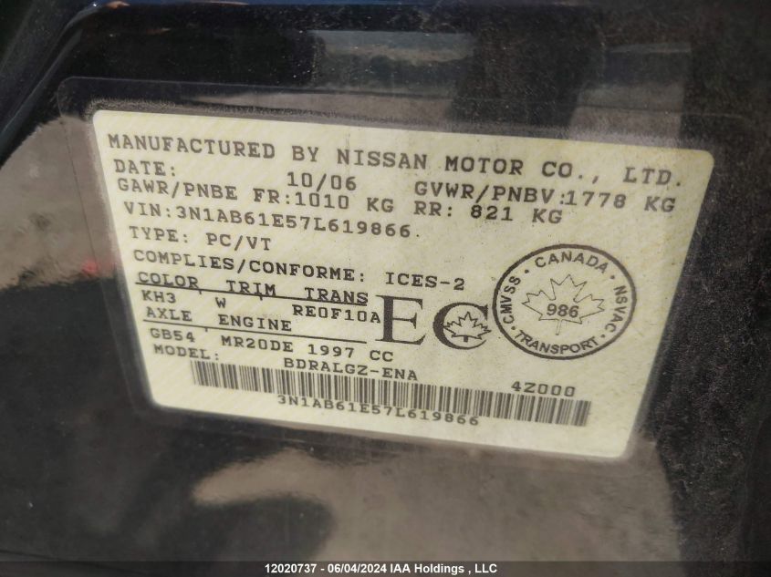 2007 Nissan Sentra 2.0/2.0S/2.0Sl VIN: 3N1AB61E57L619866 Lot: 12020737