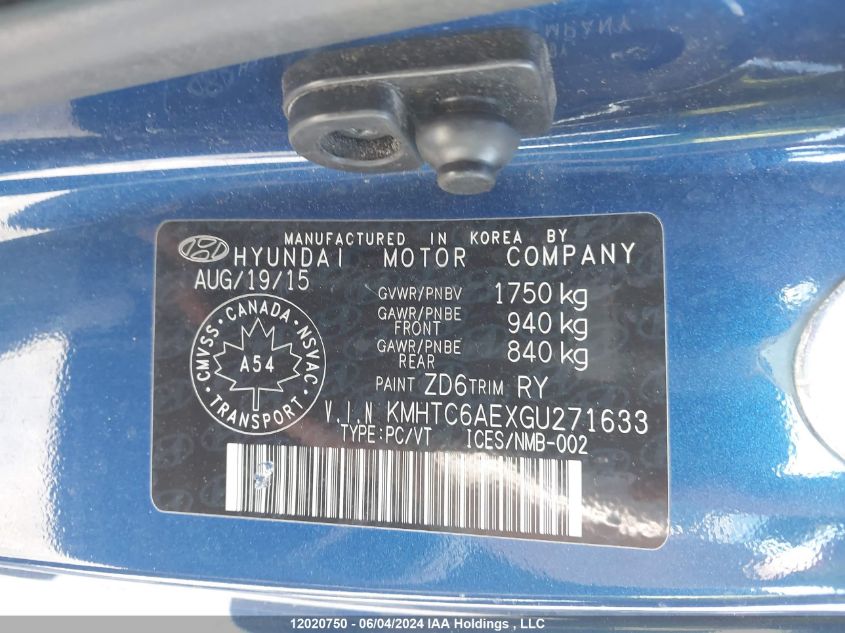 2016 Hyundai Veloster Turbo VIN: KMHTC6AEXGU271633 Lot: 12020750