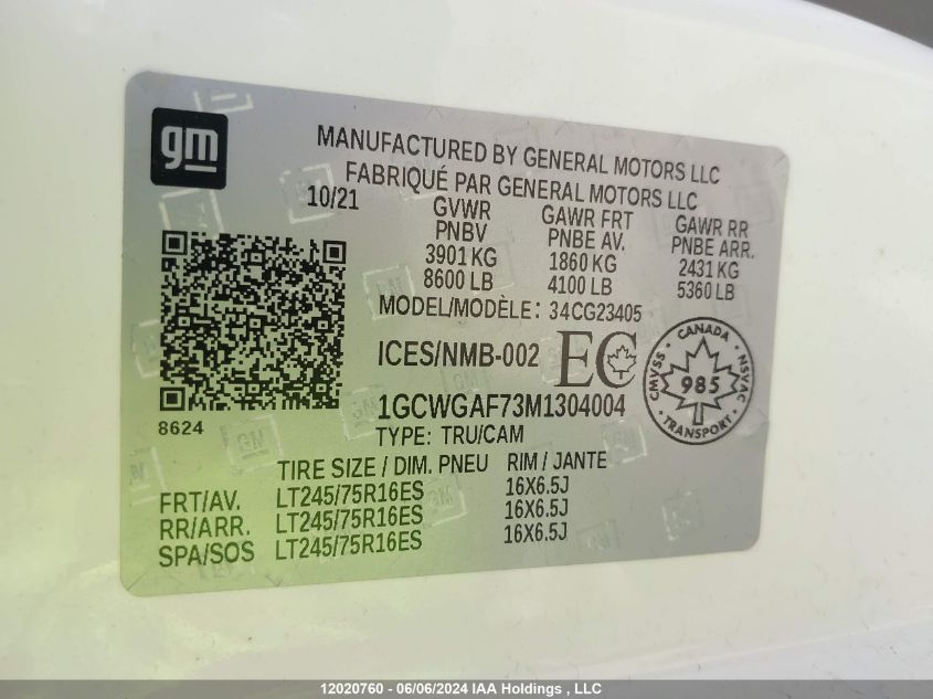 2021 Chevrolet Express VIN: 1GCWGAF73M1304004 Lot: 12020760