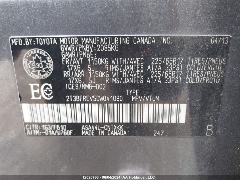 2013 Toyota Rav4 Le/Xle VIN: 2T3BFREV5DW041080 Lot: 12020763