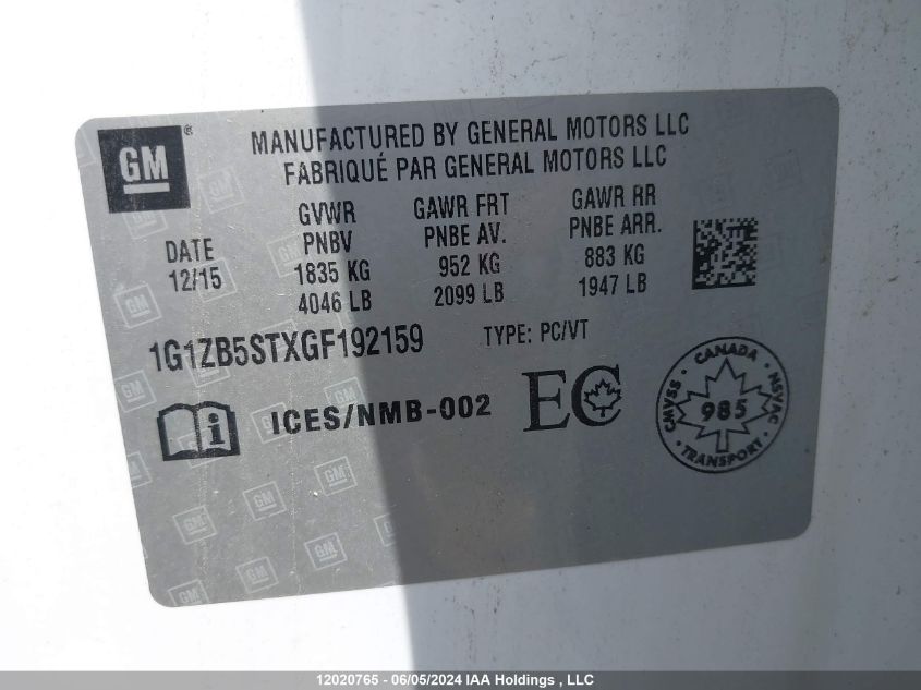 2016 Chevrolet Malibu VIN: 1G1ZB5STXGF192159 Lot: 12020765