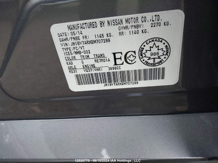 2014 Infiniti Q50 Premium/Sport VIN: JN1BV7ARXEM707299 Lot: 12020770