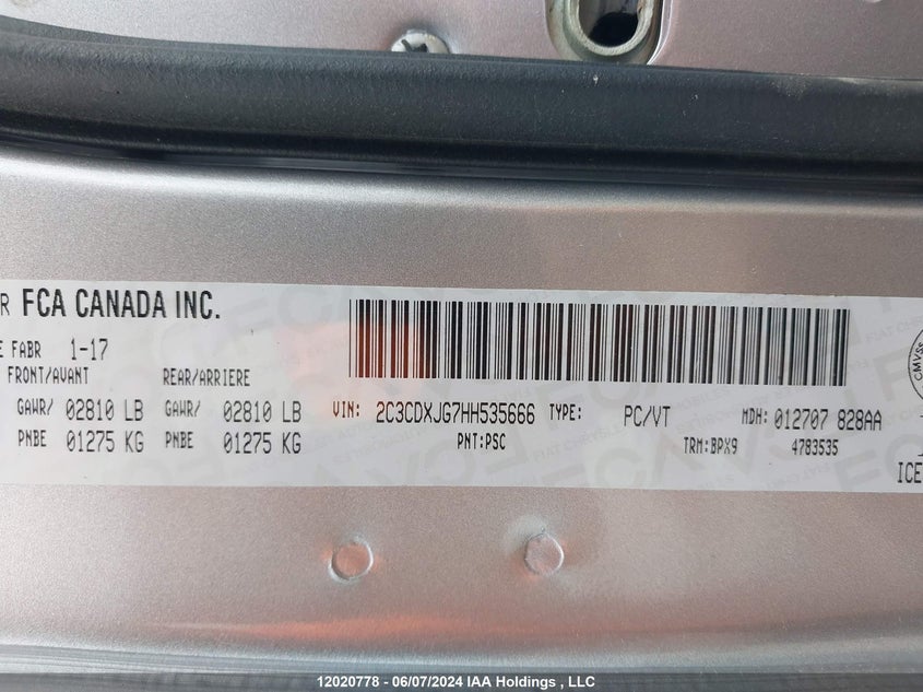 2017 Dodge Charger Sxt VIN: 2C3CDXJG7HH535666 Lot: 12020778