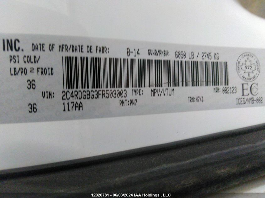 2015 Dodge Grand Caravan Se/Sxt VIN: 2C4RDGBG3FR503003 Lot: 12020781