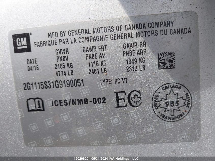 2016 Chevrolet Impala VIN: 2G1115S31G9190051 Lot: 12020820