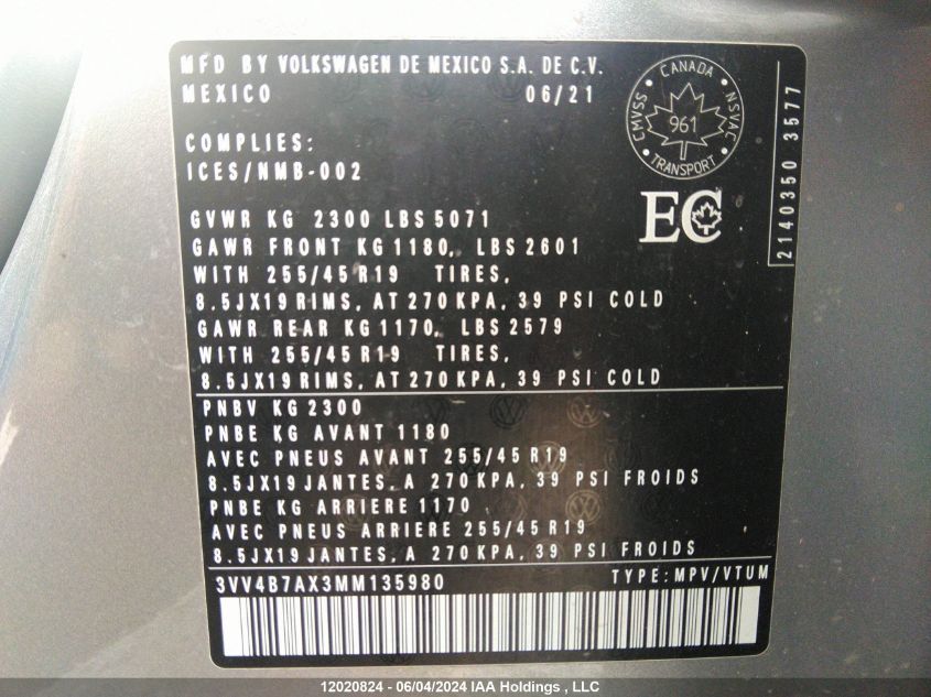 2021 Volkswagen Tiguan VIN: 3VV4B7AX3MM135980 Lot: 12020824