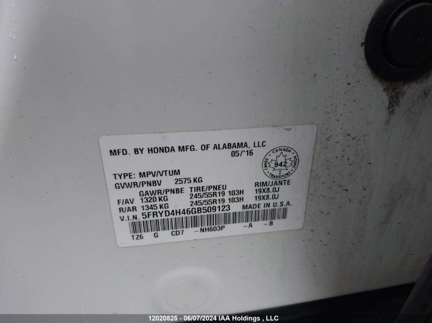 2016 Acura Mdx VIN: 5FRYD4H46GB509123 Lot: 12020825