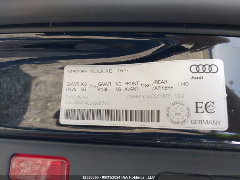 2018 Audi A4 Komfort VIN: WAUANAF48JN000710 Lot: 12020858