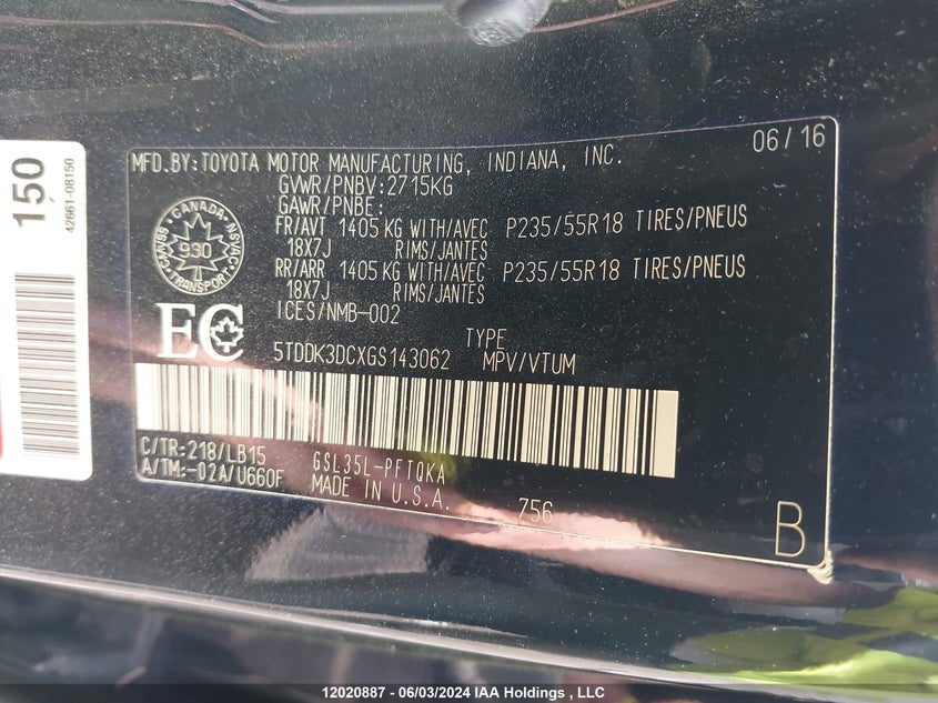 2016 Toyota Sienna Xle 7 Passenger VIN: 5TDDK3DCXGS143062 Lot: 12020887