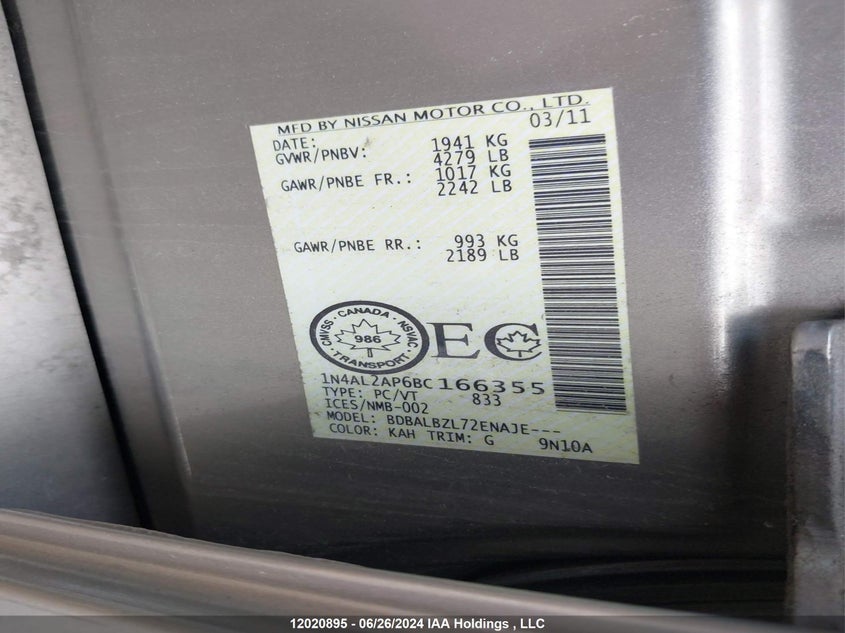 2011 Nissan Altima 2.5 S VIN: 1N4AL2AP6BC166355 Lot: 12020895