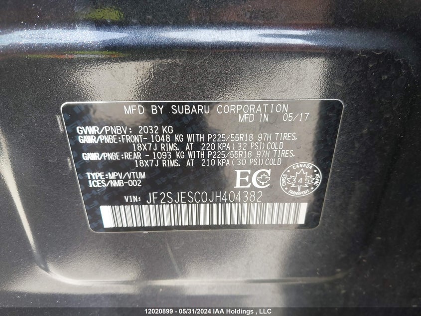 2018 Subaru Forester VIN: JF2SJESC0JH404382 Lot: 12020899