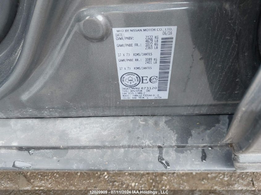2016 Nissan Rogue VIN: 5N1AT2MV9GC873120 Lot: 12020909