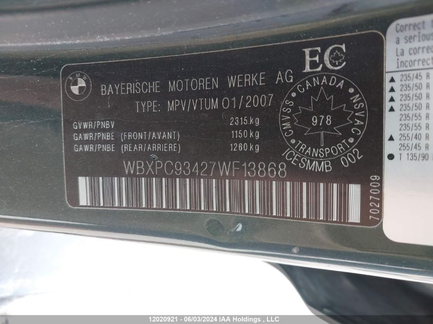 2007 BMW X3 VIN: WBXPC93427WF13868 Lot: 12020921