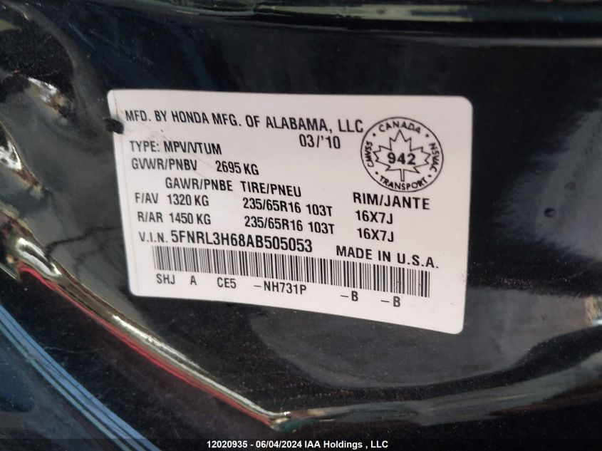 2010 Honda Odyssey VIN: 5FNRL3H68AB505053 Lot: 12020935