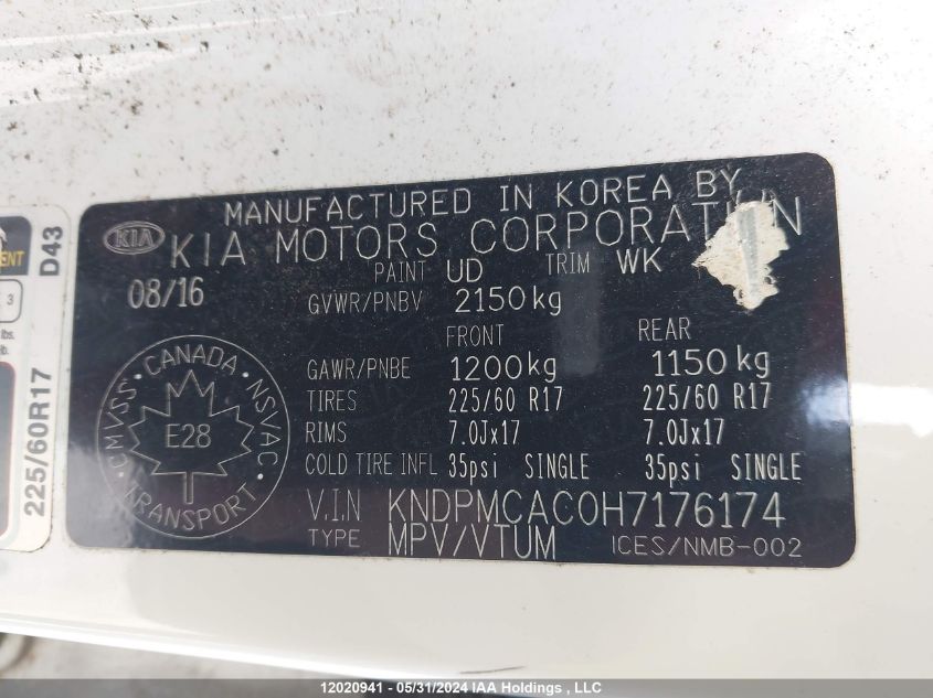 2017 Kia Sportage VIN: KNDPMCAC0H7176174 Lot: 12020941