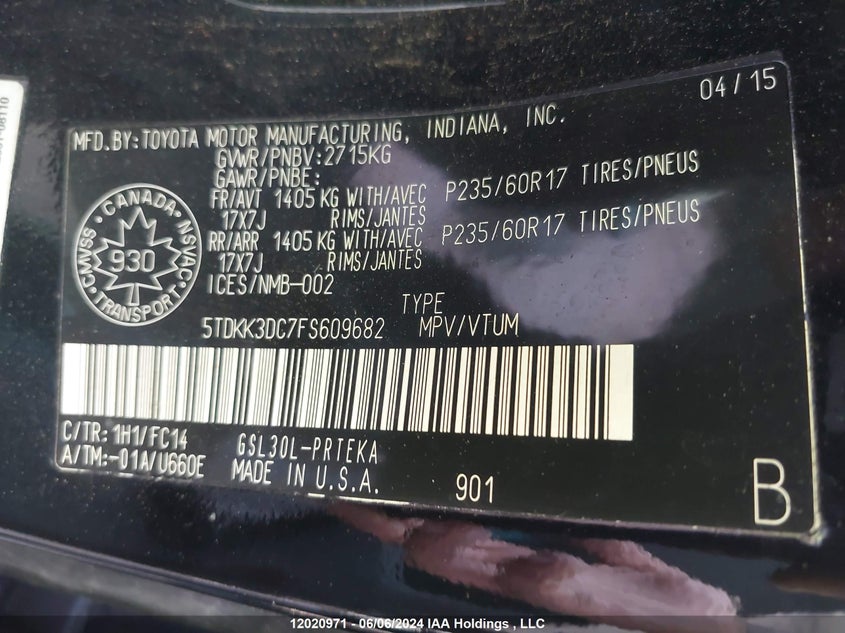 2015 Toyota Sienna Le 8 Passenger VIN: 5TDKK3DC7FS609682 Lot: 12020971